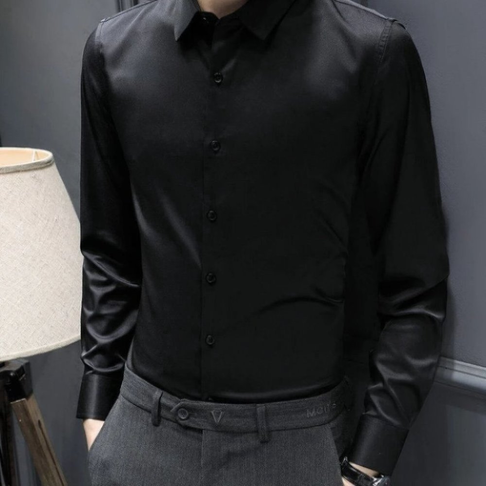 Black Work Style Men's Satin Shirt - Picture 7 of 8